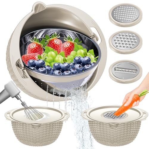 4-in-1 Colander with Bowl Set — Patented 360° Rotatable Strainer Bowl with 3 Graters, Snap-On Lid & Non-Slip Base, Funny Kitchen Present for Women, Aesthetic Pasta Fruit Vegetable Strainer (Beige)