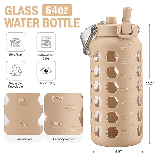 64oz Glass Water Bottle with Straw and Lid