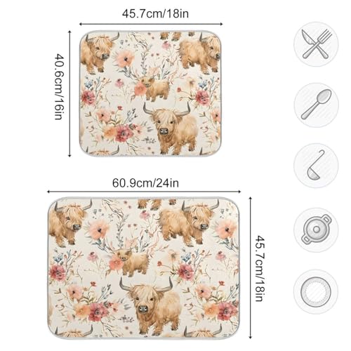 Cute Highland Cows Flowers Dish Drying Mat for Kitchen Counter Absorbent Microfiber Drying Pad