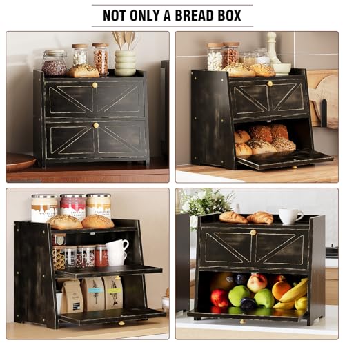 Vintage Double Layer Bread Box for Kitchen Counter Bamboo Bread Storage Container Large Capacity Bread Storage Bin