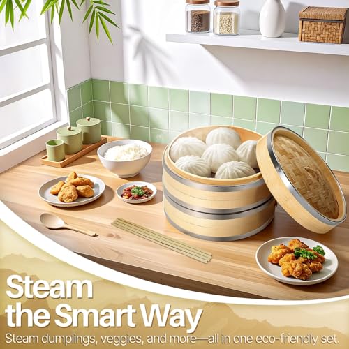 8 Inch Bamboo Steamer Basket Set with Stainless Steel Banding