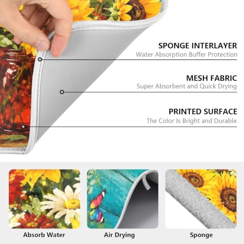 Spring Summer Floral Jar Dish Drying Mat for Kitchen Counter Absorbent Microfiber Large Drying Pad Dish mats for Kitchen Countertops 18 x 24 Inch