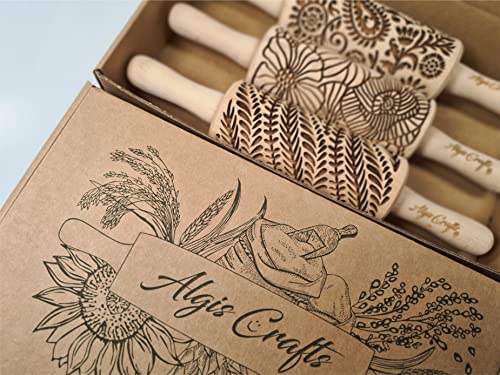 FLORAL 3 Small Textured Rolling Pin Set. Wooden laser engraved embossing dough roller for embossed cookies gift for Birthday
