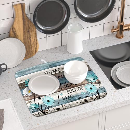 Daisy Floral Dish Drying Mat 16x18 Inches Rustic Wood Microfiber Absorbent Reversible Dish Draining Pad Fast Dry Kitchen Accessories