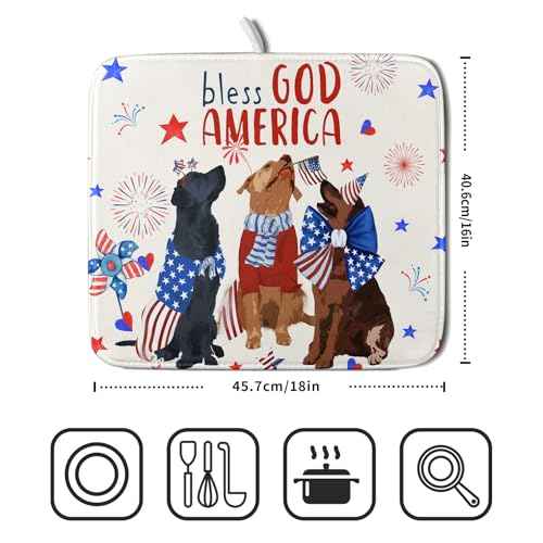 4th of July Patriotic Dogs Dish Drying Mat American Independence Day Dish Dry Pad 16"x18" Absorbent Dishes Drainer Mat for Kitchen Counter