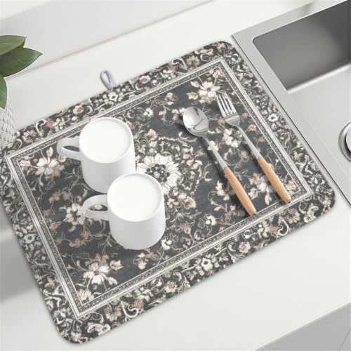 Boho Floral Dish Drying Mat Grey Leaves Dishes Drainer Pad 18x24 Inch Microfiber Absorbent Kitchen Dry Rack Mat for Counter Tableware Decor