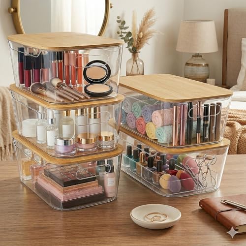 6 Pack Clear Stackable Storage Bins with Bamboo Lids (6 Count)
