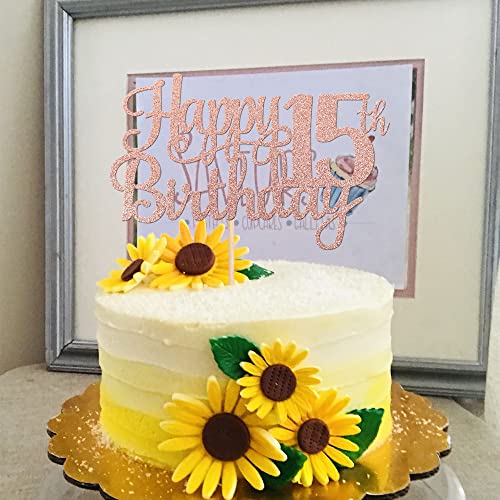 1 PCS Happy 15th Birthday Cake Topper Glitter Cheers to 15 Years Birthday Cake Pick Mis Quince 15 Fabulous Cake Decoration for Happy 15th Birthday Theme Party Decorations Supplies Rose Gold