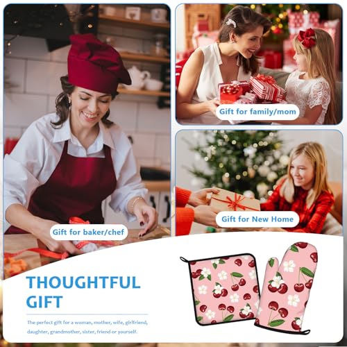 Cherry Oven Mitts and Pot Holders Sets Heat Resistant 4Pcs White Flower Potholders Oven Gloves Hot Pads for Kitchen Baking Cooking Grilling BBQ (4 Count)