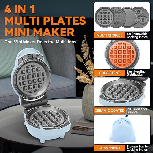 4 in 1 Mini Waffle Maker with Removable Plates