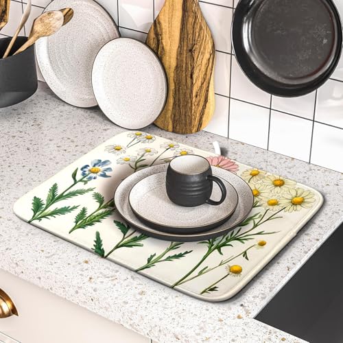 Vintage Wildflowers Dish Drying Pad Daisy Floral Microfiber Drainer Rack for Coffee Bar 16 X 18 Inch