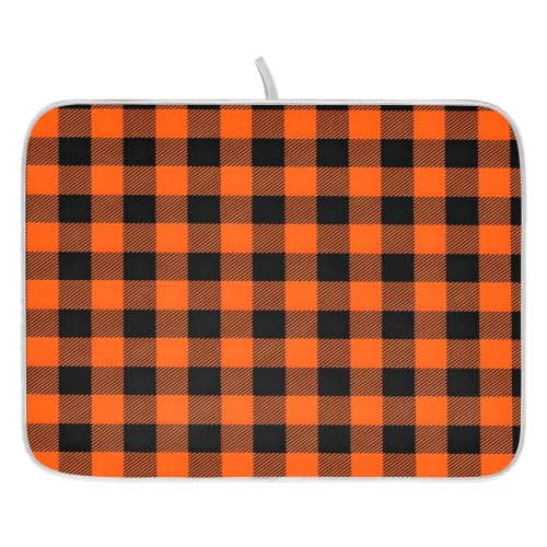Halloween Dish Drying Mat for Kitchen Counter Absorbent Microfiber Small Drying Pad Black Orange Buffalo Plaid Check Dish Mats for Kitchen Countertops 16 x 18 Inch