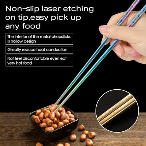 8 Pairs Metal Chopsticks Reusable Multicolor Stainless Steel Chopsticks Set Laser Engraved Non (8 Count)