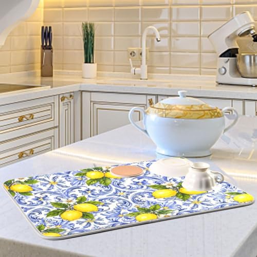 Lemon Blue Tiles Dish Drying Mat for Kitchen Counter Absorbent Microfiber Drying Pad
