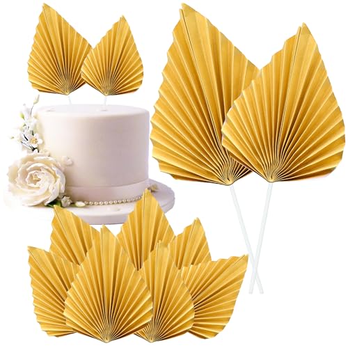 6Pcs Paper Palm Fan Cake Toppers Palm Leaf Fan Cake Topper Palm Spear Leaf Cupcake Toppers Cake Insert Decoration For Cake Decorating Diy Craft Project Home Wedding Party Supplies Gold (6 Count)