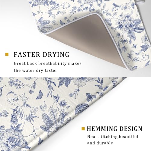 Chinoiserie Flower Dish Drying Mat Blue Leaves Dishes Drying Pad Reusable Washable Kitchen Countertop Protector Dish Drainer Mat 18x24 Inch