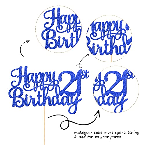 1 PCS Happy 21st Birthday Cake Topper Glitter Cheers to 21 Years Cake Pick 21 Fabulous Cake Decoration for 21st Birthday Theme Party Decorations Supplies Blue