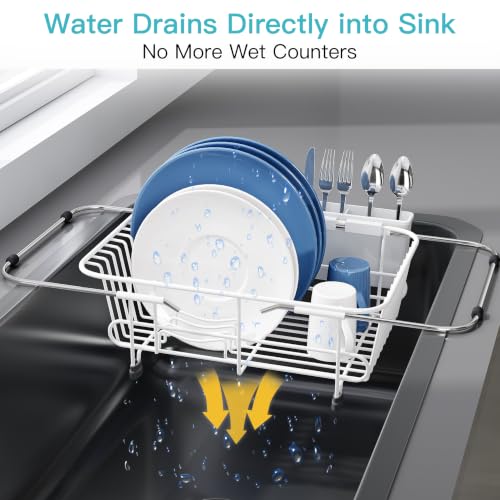 White Dish Drying Rack in Sink with Utensil Holder