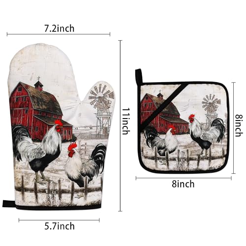Rooster Print Oven Mitts and Pot Holders Sets of 4 Rustic Chicken Kitchen Mitts Potholders Heat Resistant Farmhouse Cute Oven Gloves Hot Pads for Chicken Kitchen Decor