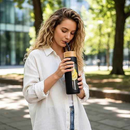 24 oz Glass Water Bottle with Straw and 2 Lids