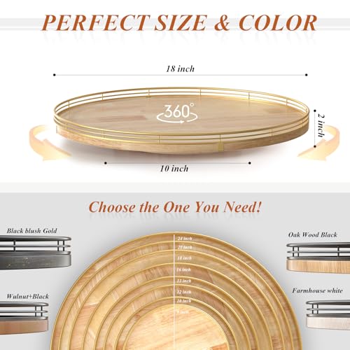 18 Inch Rustic Lazy Susan with Solid Oak Base and Black Iron Rail