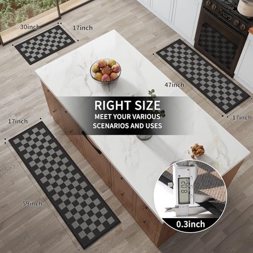 Kitchen Rugs Kitchen Mats for Floor Non Slip Black Checkered 17"x30" (3.55 Sq Ft)