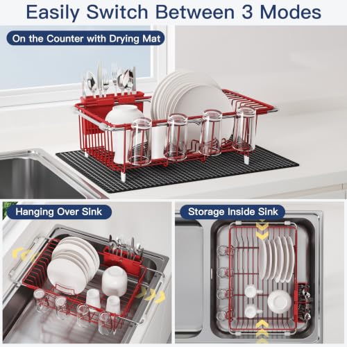 Red Dish Drying Rack in Sink with Mat