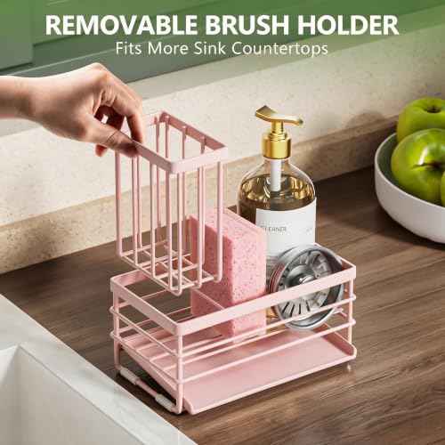 Pink Sink Caddy Sponge Holder for Kitchen with Brush Holder and Stainless Steel Self Drain Tray