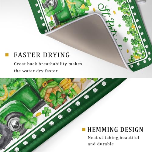 Shamrock Gnome Truck Dish Drying Mat Lucky Clover Dish Drainer Mat 18x24 inch Absorbent Fast Dry Pad for Kitchen Counter Coffee Bar Decor