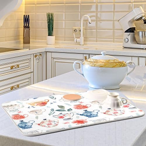 Watercolor Tea Cups Teapots Dish Drying Mat for Kitchen Counter Absorbent Microfiber Drying Pad
