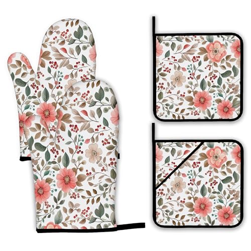 Pink Poppy Floral Oven Mitts and Pot Holders Set (4 Count)
