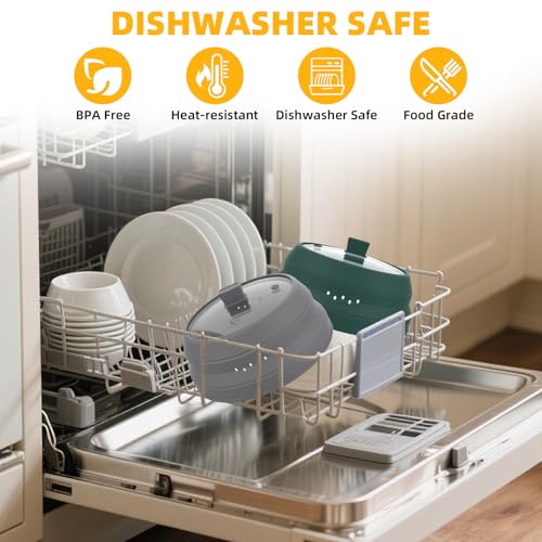 Tall Microwave Splatter Cover Glass Cover Guard Lid 5.8 inch Height with Collapsible Silicone for Food Pot Plate 10.8 inch Grey