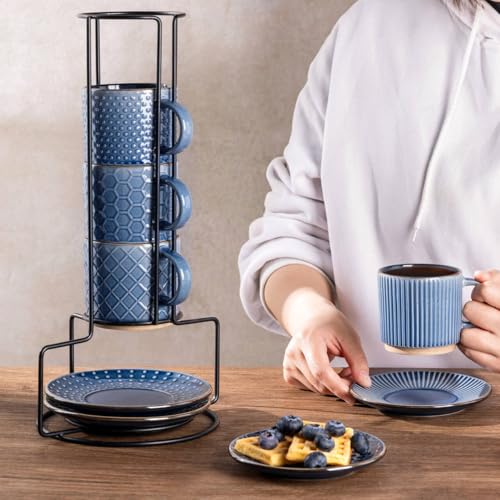 6 OZ Coffee Mugs with Saucer and Stand (4 Count)