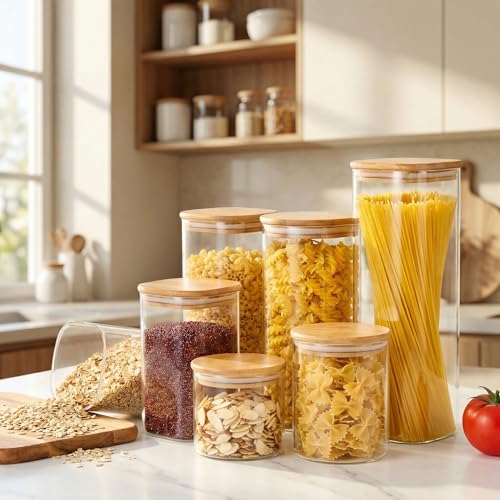 Square Glass Jars with Bamboo Lids [Muti Size Set of 5] (5 Count)