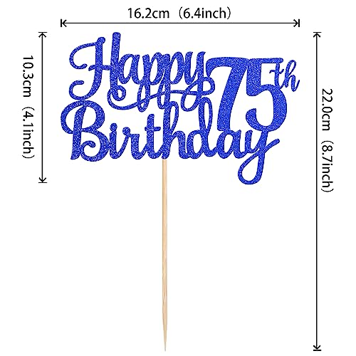 1 PCS Happy 75th Birthday Cake Topper Glitter Cheers to 75 Years Birthday Cake Pick Seventy Five 75 Fabulous Cake Decoration for Happy 75th Birthday Theme Party Decorations Supplies Blue