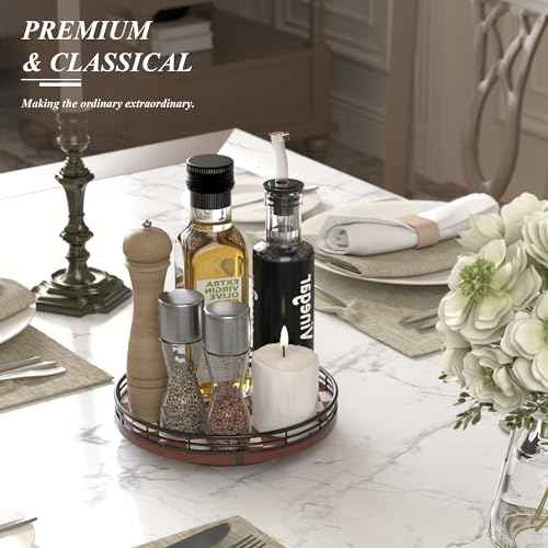 9 Inch Brown Checkerboard Lazy Susan Organizer with Black Metal Rail