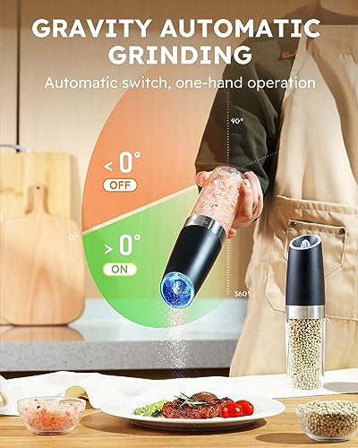 Gravity Electric Salt and Pepper Grinder Set Shakers UPGRADED 9OZ XL CAPACITY Battery Powered Refillable Automatic One Hand Operation Adjustable Coarseness Mill Grinder Set for Kitchen (2 Count)