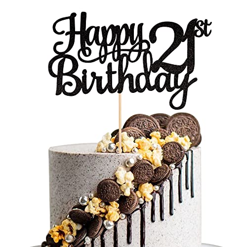 1 PCS Happy 21st Birthday Cake Topper Glitter Cheers to 21 Years Cake Pick 21 Fabulous Cake Decoration for 21st Birthday Party Decorations Supplies Black
