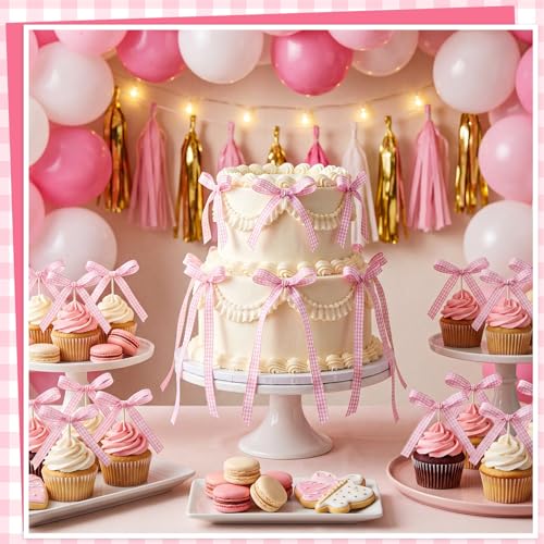 30 Pack Bow Cake Toppers Pink Gingham Ribbon Bows for Cake (30 Count)