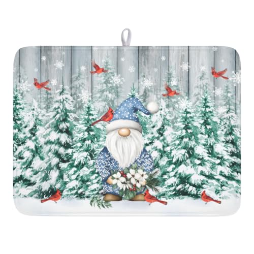 Winter Gnome Dish Drying Mat Pine Tree Dishes Pad 18"x24" Microfiber Absorbent Fast Dry Drainer Rack Mats Protector for Kitchen Countertop