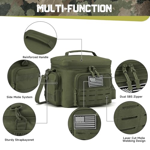 Tactical Lunch Bag for Mens Military Heavy Duty Lunch Box Work Leakproof Insulated Durable Thermal Cooler Bag for Adult Meal for Office Camping Picnic Pail MOLLE Webbing Army Green