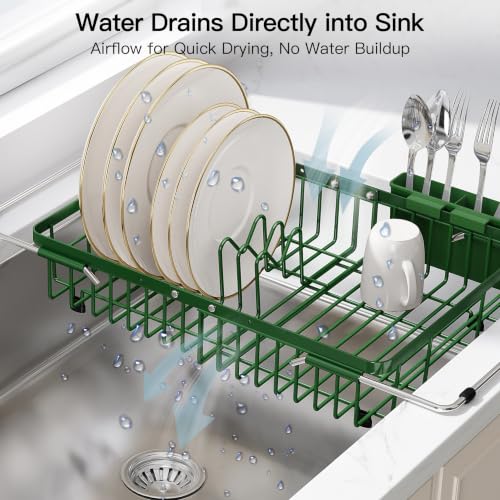 Green Dish Drying Rack Over the Sink with Utensil Holder