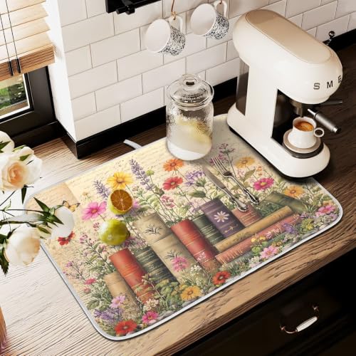 Vintage Books Shelf Dish Drying Mat for Kitchen Counter Absorbent Microfiber Large Drying Pad Dish mats for Kitchen Countertops 18 x 24 Inch