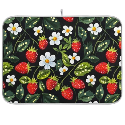Strawberries White Flowers Dish Drying Mat for Kitchen Counter Absorbent Microfiber Drying Pad