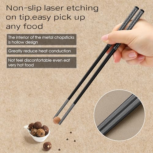 8 Pairs Metal Chopsticks Reusable Black Stainless Steel Chopsticks Set Laser Engraved Non (8 Count)