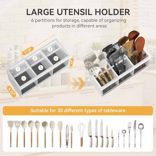 Bamboo Kitchen Utensil Holder with Drying Stone and 6 Compartments