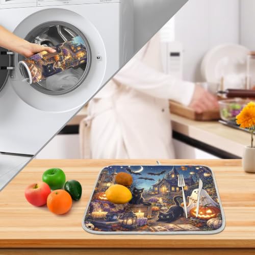 Halloween Night Scene Dish Drying Mat for Kitchen Counter Absorbent Microfiber Large Drying Pad Cats Ghost Dish Mats for Kitchen Countertops 18 x 24 Inch
