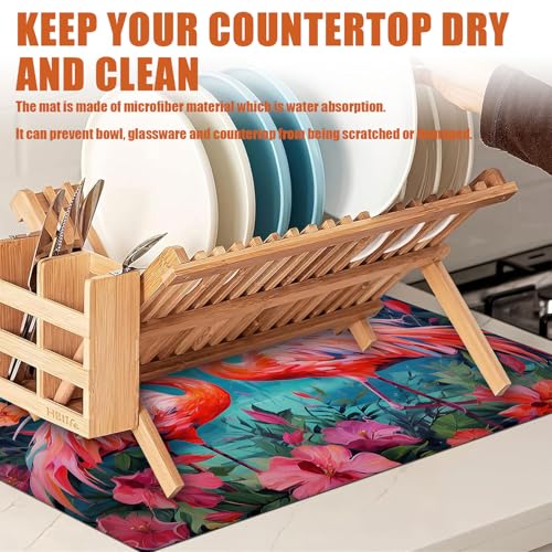 Tropical Flower Flamingo Dish Drying Mat for Kitchen Counter Microfiber Absorbent Dish Kitchen Drying Mat Draining Reusable Washable for Dishes
