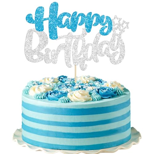 1Pcs Happy Birthday Cake Topper Glitter Happy Birthday Cake Pick for Winter Wonderland Baby Shower Theme Anniversary Party Decorations Supplies Blue Silver