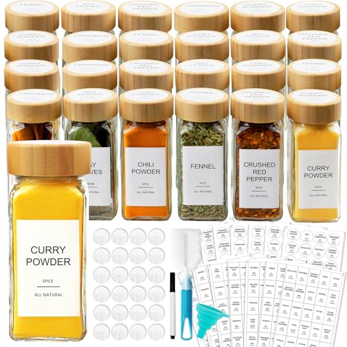 Glass Spice Jars with Bamboo Lid & 398 Label for Cabinet & Drawer Organizer